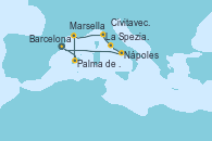 Visitando Barcelona, Palma de Mallorca (España), Marsella (Francia), La Spezia, Florencia y Pisa (Italia), Civitavecchia (Roma), Nápoles (Italia), Barcelona