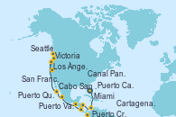 Visitando Miami (Florida/EEUU), Cartagena de Indias (Colombia), Puerto Cristóbal (Panamá), Canal Panamá, Puerto Cristóbal (Panamá), Puerto Caldera (Costa Rica), Puerto Quetzal (Guatemala), Puerto Vallarta (México), Cabo San Lucas (México), Los Ángeles (California), San Francisco (California/EEUU), San Francisco (California/EEUU), Victoria (Canadá), Seattle (Washington/EEUU)