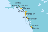 Visitando Seattle (Washington/EEUU), Fiordo Tracy Arm (Alaska), Skagway (Alaska), Juneau (Alaska), Icy Strait Point (Alaska), Valdez (Alaska), Seward (Alaska), Sitka (Alaska), Ketchikan (Alaska), Victoria (Canadá), Seattle (Washington/EEUU)