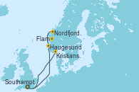 Visitando Southampton (Inglaterra), Haugesund (Noruega), Nordfjordeid, Flam (Noruega), Kristiansand (Noruega), Southampton (Inglaterra)