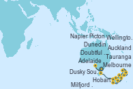 Visitando Melbourne (Australia), Adelaide (Australia), Hobart (Australia), Milfjord Sound (Nueva Zelanda), Dusky Sound (Nueva Zelanda), Doubtful Sound (Nueva Zelanda), Dunedin (Nueva Zelanda), Wellington (Nueva Zelanda), Picton (Australia), Napier (Nueva Zelanda), Tauranga (Nueva Zelanda), Auckland (Nueva Zelanda)