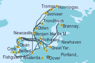 Visitando Dover (Inglaterra), Portland, Dorset (Reino Unido), Cork (Irlanda), Fishguard (Gales), Isla de Mann (Reino Unido), Belfast (Irlanda), Rothesay, Isla de Bute (Reino Unido), Oban (Escocia), Ullapool (Escocia), Newhaven (Reino Unido), Newcastle (Reino Unido), Great Yarmouth (Inglaterra), Dover (Inglaterra), Trondheim (Noruega), Brønnøysund (Noruega), Svolvaer (Lofoten/Noruega), Tromso (Noruega), Honningsvag (Noruega), Olden (Noruega), Bergen (Noruega), Ámsterdam (Holanda), Dover (Inglaterra)