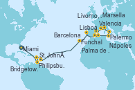 Visitando Miami (Florida/EEUU), Philipsburg (St. Maarten), St. John´s (Antigua y Barbuda), Bridgetown (Barbados), Funchal (Madeira), Lisboa (Portugal), Valencia, Palma de Mallorca (España), Palermo (Italia), Nápoles (Italia), Livorno, Pisa y Florencia (Italia), Marsella (Francia), Barcelona