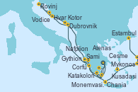 Visitando Atenas (Grecia), Monemvasia (Grecia), Katakolon (Olimpia/Grecia), Dubrovnik (Croacia), Hvar (Croacia), Rovinj (Croacia), VENICE (FUSINA) -  ITALY, Vodice (Croacia), Kotor (Montenegro), Corfú (Grecia), Sami (Cefalonia/Grecia), Nafplion (Grecia), Atenas (Grecia), Gythion (Grecia), Chania (Creta/Grecia), Mykonos (Grecia), Kusadasi (Efeso/Turquía), Cesme (Turquía), Estambul (Turquía)