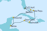 Visitando Fort Lauderdale (Florida/EEUU), Isla Pequeña (San Salvador/Bahamas), Falmouth (Jamaica), Gran Caimán (Islas Caimán), Belize (Caribe), Cozumel (México), Nassau (Bahamas), Fort Lauderdale (Florida/EEUU)