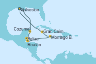 Visitando Galveston (Texas), Cozumel (México), Belize (Caribe), Roatán (Honduras), Montego Bay (Jamaica), Gran Caimán (Islas Caimán), Galveston (Texas)