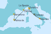 Visitando Civitavecchia (Roma), Nápoles (Italia), Portofino (Italia), La Spezia, Florencia y Pisa (Italia), Cannes (Francia), Palma de Mallorca (España), Barcelona
