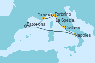 Visitando Barcelona, Cannes (Francia), Portofino (Italia), La Spezia, Florencia y Pisa (Italia), Civitavecchia (Roma), Nápoles (Italia), Barcelona