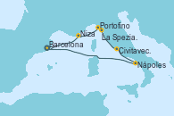 Visitando Barcelona, Niza (Francia), Portofino (Italia), La Spezia, Florencia y Pisa (Italia), Civitavecchia (Roma), Nápoles (Italia), Barcelona