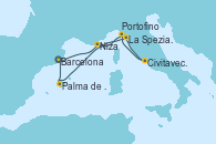 Visitando Barcelona, Niza (Francia), La Spezia, Florencia y Pisa (Italia), Civitavecchia (Roma), Portofino (Italia), Palma de Mallorca (España), Barcelona