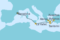 Visitando Barcelona, La Valletta (Malta), Mykonos (Grecia), Santorini (Grecia), Kusadasi (Efeso/Turquía), Atenas (Grecia)