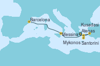 Visitando Atenas (Grecia), Santorini (Grecia), Mykonos (Grecia), Kusadasi (Efeso/Turquía), Messina (Sicilia), Barcelona