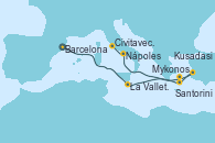 Visitando Barcelona, La Valletta (Malta), Mykonos (Grecia), Kusadasi (Efeso/Turquía), Santorini (Grecia), Nápoles (Italia), Civitavecchia (Roma)