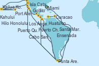 Visitando Miami (Florida/EEUU), Isla Catalina (República Dominicana), Curacao (Antillas), Santa Marta (Colombia), Golfito (Costa Rica), Punta Arenas (Chile), Puerto Quetzal (Guatemala), Puerto Chiapas (México), Huatulco (México), Cabo San Lucas (México), Los Ángeles (California), Honolulu (Hawai), Honolulu (Hawai), Hilo (Hawai), Kahului (Hawai/EEUU), Port Allen, Kauai, Hawaiian, Kailua Kona (Hawai/EEUU), Ensenada (México), Los Ángeles (California)