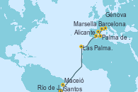 Visitando Santos (Brasil), Río de Janeiro (Brasil), Maceió (Brasil), Las Palmas de Gran Canaria (España), Alicante (España), Palma de Mallorca (España), Barcelona, Marsella (Francia), Génova (Italia)