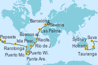 Visitando Savona (Italia), Marsella (Francia), Barcelona, Casablanca (Marruecos), Las Palmas de Gran Canaria (España), Mindelo (Cabo Verde), Recife (Brasil), Maceió (Brasil), Río de Janeiro (Brasil), Río de Janeiro (Brasil), Montevideo (Uruguay), Buenos aires, Puerto Madryn (Argentina), Puerto Williams (Chile), Ushuaia (Argentina), Ushuaia (Argentina), Punta Arenas (Chile), Puerto Chacabuco (Chile), Puerto Montt (Chile), San Antonio (Chile), San Antonio (Chile), Isla Pascua (Chile), Isla Pascua (Chile), Islas Pitcairn (Pacífico), Papeete (Tahití), Papeete (Tahití), Moorea (Tahití), Rarotonga (Islas Cook), Nukualofa (Tongatapu), Suva (Fiyi), Nouméa (Nueva Caledonia), Tauranga (Nueva Zelanda), Auckland (Nueva Zelanda), Hobart (Australia), Sydney (Australia), Sydney (Australia)