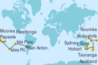 Visitando San Antonio (Chile), Isla Pascua (Chile), Isla Pascua (Chile), Islas Pitcairn (Pacífico), Papeete (Tahití), Papeete (Tahití), Moorea (Tahití), Rarotonga (Islas Cook), Nukualofa (Tongatapu), Suva (Fiyi), Nouméa (Nueva Caledonia), Tauranga (Nueva Zelanda), Auckland (Nueva Zelanda), Hobart (Australia), Sydney (Australia), Sydney (Australia)