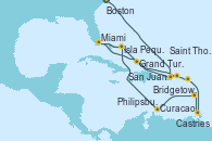 Visitando Boston (Massachusetts), San Juan (Puerto Rico), Saint Thomas (Islas Vírgenes), Philipsburg (St. Maarten), Castries (Santa Lucía/Caribe), Bridgetown (Barbados), Curacao (Antillas), Isla Pequeña (San Salvador/Bahamas), Miami (Florida/EEUU), Grand Turks(Turks & Caicos), San Juan (Puerto Rico), Saint Thomas (Islas Vírgenes), Isla Pequeña (San Salvador/Bahamas), Miami (Florida/EEUU)