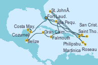 Visitando Fort Lauderdale (Florida/EEUU), Philipsburg (St. Maarten), St. John´s (Antigua y Barbuda), Martinica (Antillas), Roseau (Dominica), San Cristóbal y Nieves, Saint Thomas (Islas Vírgenes), Isla Pequeña (San Salvador/Bahamas), Fort Lauderdale (Florida/EEUU), Isla Pequeña (San Salvador/Bahamas), Falmouth (Jamaica), Gran Caimán (Islas Caimán), Belize (Caribe), Costa Maya (México), Cozumel (México), Fort Lauderdale (Florida/EEUU)