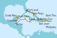 Visitando Fort Lauderdale (Florida/EEUU), Isla Pequeña (San Salvador/Bahamas), Falmouth (Jamaica), Gran Caimán (Islas Caimán), Belize (Caribe), Costa Maya (México), Cozumel (México), Fort Lauderdale (Florida/EEUU), Amber Cove (República Dominicana), San Juan (Puerto Rico), Philipsburg (St. Maarten), Saint Thomas (Islas Vírgenes), Isla Pequeña (San Salvador/Bahamas), Fort Lauderdale (Florida/EEUU)