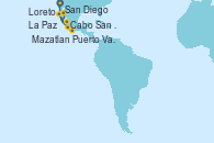 Visitando San Diego (California/EEUU), Cabo San Lucas (México), La Paz (México), Loreto (México), San Diego (California/EEUU), Puerto Vallarta (México), Mazatlan (México), Cabo San Lucas (México), San Diego (California/EEUU)