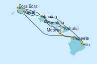 Visitando Honolulu (Hawai), Kahului (Hawai/EEUU), Kahului (Hawai/EEUU), Kauai (Hawai), Kauai (Hawai), Hilo (Hawai), Bora Bora (Polinesia), Bora Bora (Polinesia), Raiatea (Polinesia Francesa), Moorea (Tahití), Papeete (Tahití)