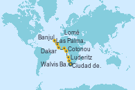 Visitando Ciudad del Cabo (Sudáfrica), Ciudad del Cabo (Sudáfrica), Luderitz (Namibia), Walvis Bay (Namibia), Walvis Bay (Namibia), Cotonou (Benin), Lomé (Togo), Banjul (Gambia), Dakar (Senegal), Las Palmas de Gran Canaria (España)