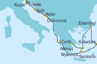 Visitando Trieste (Italia), Koper (Eslovenia), Split (Croacia), Kotor (Montenegro), Dubrovnik (Croacia), Corfú (Grecia), Santorini (Grecia), Kusadasi (Efeso/Turquía), Estambul (Turquía), Mykonos (Grecia), Atenas (Grecia)