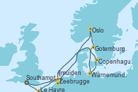 Visitando Southampton (Inglaterra), Zeebrugge (Bruselas), Oslo (Noruega), Gotemburgo (Suecia), Warnemunde (Alemania), Copenhague (Dinamarca), Ijmuiden (Ámsterdam), Le Havre (Francia), Southampton (Inglaterra)