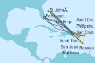 Visitando Fort Lauderdale (Florida/EEUU), Philipsburg (St. Maarten), St. John´s (Antigua y Barbuda), Martinica (Antillas), Roseau (Dominica), San Cristóbal y Nieves, Saint Thomas (Islas Vírgenes), Isla Pequeña (San Salvador/Bahamas), Fort Lauderdale (Florida/EEUU), Isla Pequeña (San Salvador/Bahamas), Saint Thomas (Islas Vírgenes), St. John´s (Antigua y Barbuda), San Cristóbal y Nieves, Saint Croix (Islas Vírgenes), San Juan (Puerto Rico), Fort Lauderdale (Florida/EEUU)