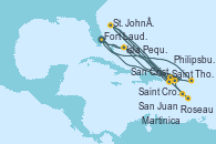 Visitando Fort Lauderdale (Florida/EEUU), Isla Pequeña (San Salvador/Bahamas), Saint Thomas (Islas Vírgenes), St. John´s (Antigua y Barbuda), San Cristóbal y Nieves, Saint Croix (Islas Vírgenes), San Juan (Puerto Rico), Fort Lauderdale (Florida/EEUU), Philipsburg (St. Maarten), St. John´s (Antigua y Barbuda), Martinica (Antillas), Roseau (Dominica), San Cristóbal y Nieves, Saint Thomas (Islas Vírgenes), Isla Pequeña (San Salvador/Bahamas), Fort Lauderdale (Florida/EEUU)