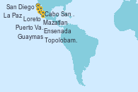 Visitando San Diego (California/EEUU), Cabo San Lucas (México), La Paz (México), Loreto (México), Guaymas (México), Topolobampo (México), Mazatlan (México), Puerto Vallarta (México), Ensenada (México), San Diego (California/EEUU)