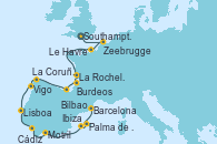 Visitando Southampton (Inglaterra), Zeebrugge (Bruselas), Le Havre (Francia), La Rochelle (Francia), Burdeos (Francia), Bilbao (España), La Coruña (Galicia/España), Vigo (España), Lisboa (Portugal), Cádiz (España), Motril (Granada/Andalucía), Ibiza (España), Palma de Mallorca (España), Barcelona