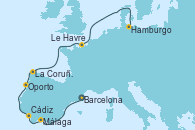 Visitando Barcelona, Málaga, Cádiz (España), Oporto (Portugal), La Coruña (Galicia/España), Le Havre (Francia), Hamburgo (Alemania)