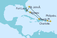 Visitando Fort Lauderdale (Florida/EEUU), Nassau (Bahamas), Puerto Plata, Republica Dominicana, Charlotte Amalie (St. Thomas), Philipsburg (St. Maarten), St. John´s (Antigua y Barbuda), Fort Lauderdale (Florida/EEUU)