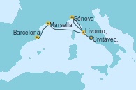 Visitando Civitavecchia (Roma), Génova (Italia), Livorno, Pisa y Florencia (Italia), Marsella (Francia), Barcelona