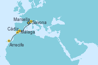 Visitando Marsella (Francia), Savona (Italia), Málaga, Cádiz (España), Arrecife (Lanzarote/España)