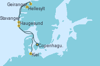 Visitando Copenhague (Dinamarca), Hellesylt (Noruega), Geiranger (Noruega), Haugesund (Noruega), Stavanger (Noruega), Kiel (Alemania)