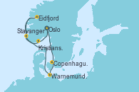 Visitando Oslo (Noruega), Copenhague (Dinamarca), Warnemunde (Alemania), Stavanger (Noruega), Eidfjord (Hardangerfjord/Noruega), Kristiansand (Noruega), Oslo (Noruega)