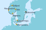 Visitando Estocolmo (Suecia), Copenhague (Dinamarca), Warnemunde (Alemania), Haugesund (Noruega), Eidfjord (Hardangerfjord/Noruega), Kristiansand (Noruega), Oslo (Noruega)