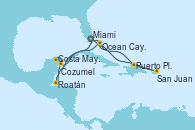 Visitando Miami (Florida/EEUU), Puerto Plata, Republica Dominicana, San Juan (Puerto Rico), Ocean Cay MSC Marine Reserve (Bahamas), Miami (Florida/EEUU), Roatán (Honduras), Costa Maya (México), Cozumel (México), Ocean Cay MSC Marine Reserve (Bahamas), Miami (Florida/EEUU)