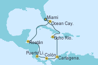 Visitando Miami (Florida/EEUU), Ocho Ríos (Jamaica), Cartagena de Indias (Colombia), Colón (Panamá), Puerto Limón (Costa Rica), Roatán (Honduras), Ocean Cay MSC Marine Reserve (Bahamas), Miami (Florida/EEUU)