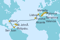 Visitando Génova (Italia), Marsella (Francia), Barcelona, Valencia, Alicante (España), Lisboa (Portugal), Funchal (Madeira), St. John´s (Antigua y Barbuda), Philipsburg (St. Maarten), San Juan (Puerto Rico), Miami (Florida/EEUU)