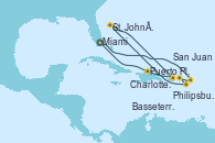 Visitando Miami (Florida/EEUU), Philipsburg (St. Maarten), Charlotte Amalie (St. Thomas), Basseterre (Antillas), St. John´s (Antigua y Barbuda), San Juan (Puerto Rico), Puerto Plata, Republica Dominicana, Miami (Florida/EEUU)