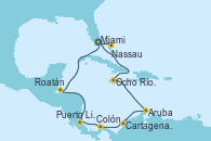 Visitando Miami (Florida/EEUU), Nassau (Bahamas), Miami (Florida/EEUU), Ocho Ríos (Jamaica), Aruba (Antillas), Cartagena de Indias (Colombia), Colón (Panamá), Puerto Limón (Costa Rica), Roatán (Honduras), Miami (Florida/EEUU)