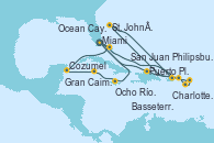 Visitando Miami (Florida/EEUU), Charlotte Amalie (St. Thomas), Basseterre (Antillas), Philipsburg (St. Maarten), St. John´s (Antigua y Barbuda), San Juan (Puerto Rico), Puerto Plata, Republica Dominicana, Miami (Florida/EEUU), Ocean Cay MSC Marine Reserve (Bahamas), Cozumel (México), Gran Caimán (Islas Caimán), Ocho Ríos (Jamaica), Miami (Florida/EEUU)