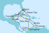 Visitando Miami (Florida/EEUU), Gran Caimán (Islas Caimán), Ocho Ríos (Jamaica), Cartagena de Indias (Colombia), Colón (Panamá), Roatán (Honduras), Ocean Cay MSC Marine Reserve (Bahamas), Miami (Florida/EEUU), Cozumel (México), Gran Caimán (Islas Caimán), Ocho Ríos (Jamaica), Curacao (Antillas), Aruba (Antillas), Miami (Florida/EEUU)