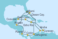 Visitando Miami (Florida/EEUU), Ocho Ríos (Jamaica), Cartagena de Indias (Colombia), Colón (Panamá), Puerto Limón (Costa Rica), Roatán (Honduras), Ocean Cay MSC Marine Reserve (Bahamas), Miami (Florida/EEUU), Cozumel (México), Gran Caimán (Islas Caimán), Ocho Ríos (Jamaica), Curacao (Antillas), Aruba (Antillas), Miami (Florida/EEUU)