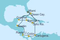 Visitando Miami (Florida/EEUU), Ocean Cay MSC Marine Reserve (Bahamas), Cozumel (México), Gran Caimán (Islas Caimán), Ocho Ríos (Jamaica), Miami (Florida/EEUU), Ocho Ríos (Jamaica), Cartagena de Indias (Colombia), Colón (Panamá), Puerto Limón (Costa Rica), Roatán (Honduras), Ocean Cay MSC Marine Reserve (Bahamas), Miami (Florida/EEUU)