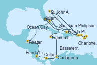 Visitando Miami (Florida/EEUU), Falmouth (Jamaica), Cartagena de Indias (Colombia), Colón (Panamá), Puerto Limón (Costa Rica), Roatán (Honduras), Ocean Cay MSC Marine Reserve (Bahamas), Miami (Florida/EEUU), Charlotte Amalie (St. Thomas), Basseterre (Antillas), Philipsburg (St. Maarten), St. John´s (Antigua y Barbuda), San Juan (Puerto Rico), Puerto Plata, Republica Dominicana, Miami (Florida/EEUU)